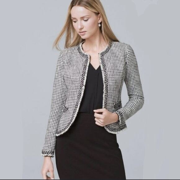 White House Black Market Houndstooth Tweed Metallic Fringe Blazer Jacket Size S - Picture 1 of 5